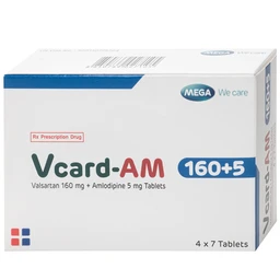 Thuốc Vcard-am 160/5mg Mega Điều trị tăng huyết áp vô căn (4 vỉ x 7 viên)