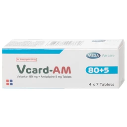 Thuốc Vcard-am 80+5mg Mega Điều trị tăng huyết áp vô căn (4 vỉ x 7 viên)