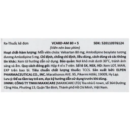 Thuốc Vcard-am 80+5mg Mega Điều trị tăng huyết áp vô căn (4 vỉ x 7 viên)