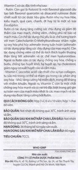 Thuốc Venrutine Reliv điều trị bệnh trĩ, các chứng xuất huyết dưới da, vết bầm máu (3 vỉ x 10 viên)