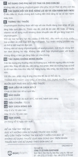 Thuốc Alpha-Chymotrypsin Euvipharm điều trị phù nề sau chấn thương, phẩu thuật, bỏng (2 vỉ x 10 viên)