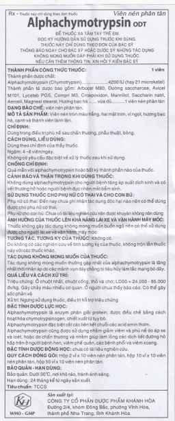 Thuốc Alphachymotrypsin ODT Khánh Hòa điều trị phù nề sau chấn thương, phẫu thuật, bỏng (2 vỉ x 10 viên)