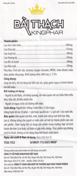 Viên uống giúp lợi tiểu, hỗ trợ bài tiết cặn sỏi giảm sỏi tiết niệu Bài Thạch Kingphar (60 viên)