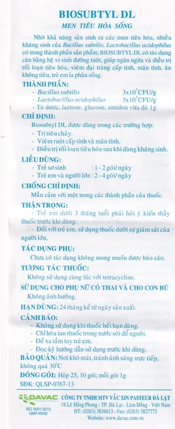 Men tiêu hoá sống Biosubtyl DL Davac điều trị tiêu chảy, viêm đại tràng, rối loạn tiêu hoá (25 gói)