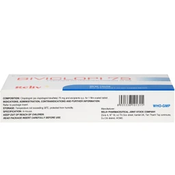 Thuốc Biviclopi 75mg Reliv chỉ định để dự phòng và giảm nguy cơ xuất hiện các biến cố do xơ vữa động mạch hoặc thuyên tắc huyết khối (3 vỉ x 10 viên) 3