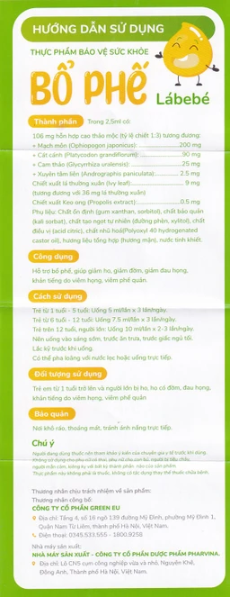 Siro hỗ giúp giảm ho, giảm đờm, giảm đau họng Bổ Phế Lábebé (120ml)