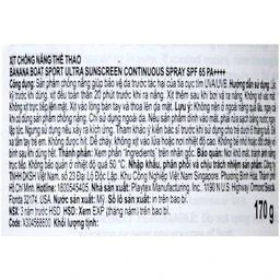 Chống nắng thể thao dạng xịt Banana Boat Sport Ultra SPF65 PA++++ có khả năng kháng nước 170g