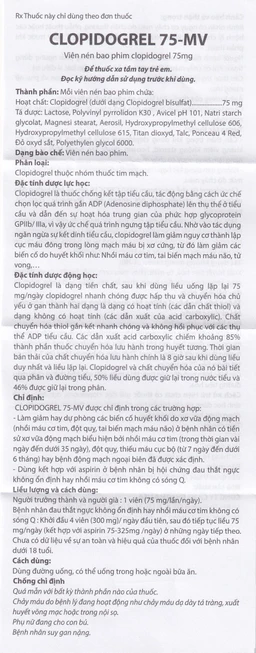 Thuốc Clopidogrel 75 - MV USP làm giảm hay dự phòng các biến cố huyết khối (3 vỉ x 10 viên)