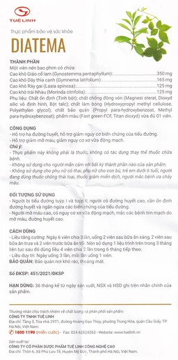 Viên hỗ trợ hạ đường huyết Diatema Tuệ Linh (60 viên)