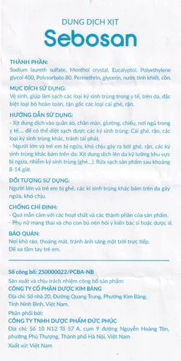 Xịt ngoài da làm sạch ký sinh trùng 100ml Sebosan Đức Phúc 