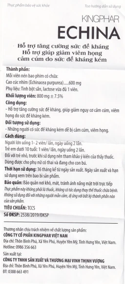Viên uống hỗ trợ tăng cường sức đề kháng, giúp giảm nguy cơ cảm cúm, viêm họng Echina Kingphar (3 vỉ x 10 viên)