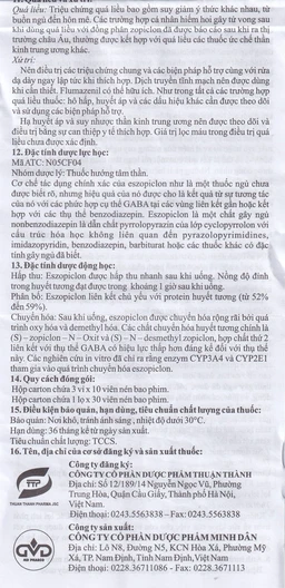 Thuốc Eszopiclone 2mg Minh Dân điều trị chứng mất ngủ (3 vỉ x 10 viên)