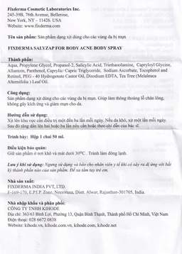 Xịt mụn lưng Fixderma Salyzap 50ml