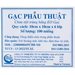 Gạc phẫu thuật An Lành 10x10cm x 6 lớp (100 miếng) dùng thấm máu trong phẫu thuật 10