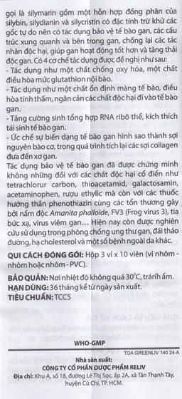 Thuốc Greenliv 140mg Reliv điều trị rối loạn tiêu hóa trong các bệnh về gan, viêm gan cấp và mãn tính (3 vỉ x 10 viên)
