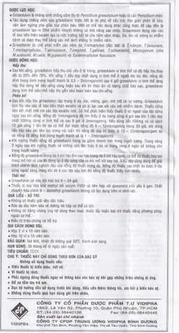 Thuốc Griseofulvin 500mg Vidipha điều trị các bệnh nấm da, tóc, lông, móng tay, móng chân (2 vỉ x 10 viên)