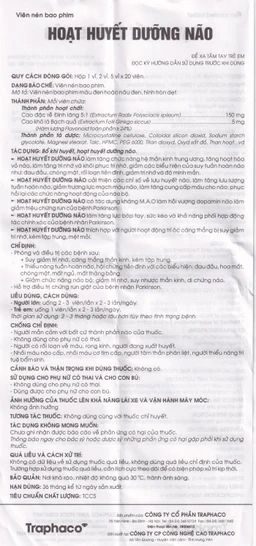 Thuốc Hoạt Huyết Dưỡng Não bao phim Traphaco điều trị suy giảm trí nhớ, căng thẳng thần kinh (2 vỉ x 20 viên)