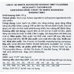 Kem đánh răng Crest 3D White Radiant Mint trắng răng vượt trội (93G) 8