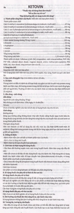 Thuốc Ketovin Vinphaco phòng ngừa và điều trị rối loạn chuyển hóa protein trong suy thận mạn (10 vỉ x 10 viên)