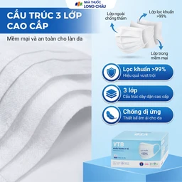 Khẩu trang 3 lớp VTB màu trắng (50 cái) ngăn khói bụi, vi khuẩn 3