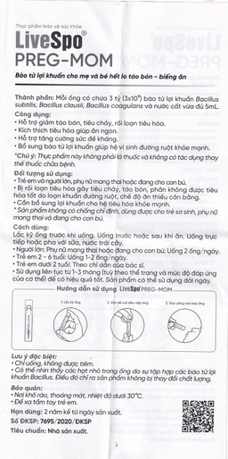 Bào tử lợi khuẩn cho mẹ và bé hết lo táo bón - biếng ăn LiveSpo PREG-MOM (20 ống x 5ml)