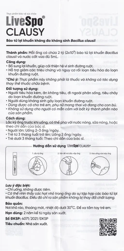 Bào tử lợi khuẩn giúp giảm rối loạn tiêu hóa, cân bằng hệ vi sinh đường ruột LiveSpo Clausy (25 ống x 5ml)