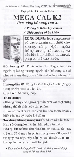 Viên uống bổ sung canxi, chống loãng xương Mega-Cal 1000 Vitamins For Life (60 viên)