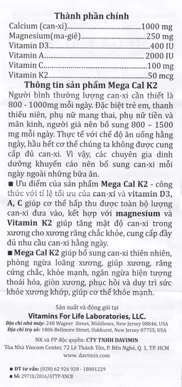 Viên uống bổ sung canxi, chống loãng xương Mega-Cal 1000 Vitamins For Life (60 viên)