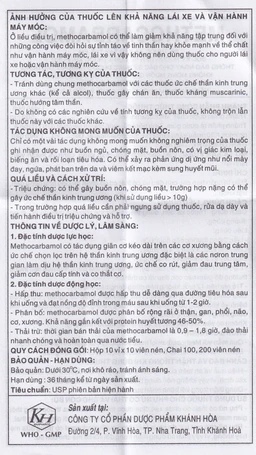 Viên nén Methocarbamol 500mg Khapharco điều trị ngắn hạn cơn đau, co thắt cơ, bong gân (10 vỉ x 10 viên)