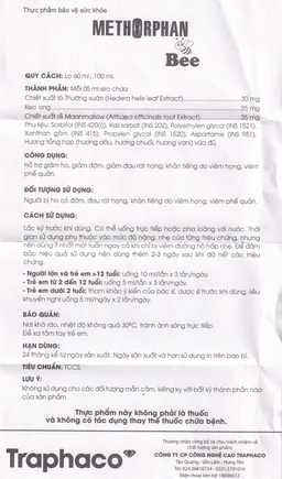 Siro hỗ trợ giảm ho Methorphan Bee Traphaco (100ml)