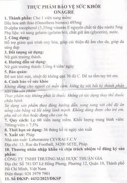 Viên uống giúp da sáng đẹp, giảm quá trình oxy hóa, cải thiện độ ẩm cho da Onagre Cevrai (60 viên)