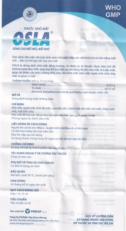 Thuốc nhỏ mắt OSLA Merap giúp cải thiện các triệu chứng như khô mắt, mỏi mắt, ngứa mắt, kích ứng mắt và ghèn rỉ mắt (15ml)