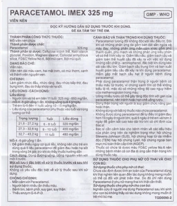 Viên nén Paracetamol Imex 325mg giảm nhức đầu, nhức răng, đau nhức bắp thịt (10 vỉ x 10 viên)