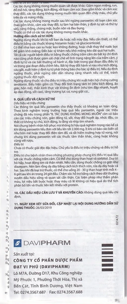 Viên nén Parokey 20mg DaViPharm điều trị trầm cảm, rối loạn ám ảnh cưỡng bức (3 vỉ x 10 viên) 