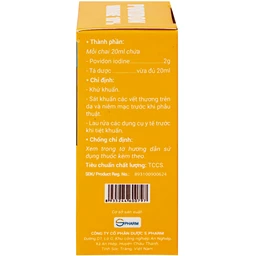 Dung dịch dùng ngoài Povidon Iodin 10% S.Pharm khử khuẩn, sát khuẩn các vết thương trên da và niêm mạc (Hộp 20ml)