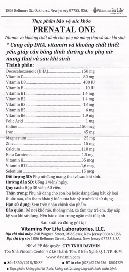 Viên uống bổ sung vitamin và khoáng chất cho phụ nữ mang thai và sau sinh Prenatal One Vitamins For Life (60 viên)