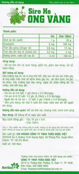 Siro ho Ong Vàng Thảo Dược Việt (30 gói)