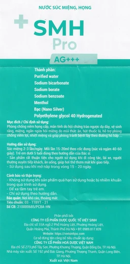 Nước súc miệng SMH Pro AG+++ 300ml Việt Sinh giúp vệ sinh răng, miệng, ngăn ngừa hôi miệng