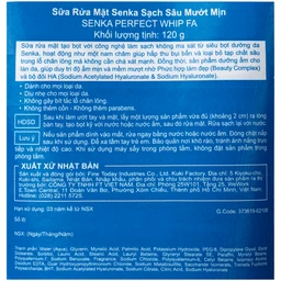 Sữa rửa mặt tạo bọt Senka Perfect Whip FA làm sạch sâu, dưỡng ẩm da (120g) 4