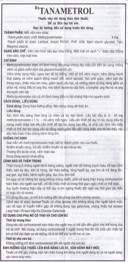 Viên nén TanaMetrol 4mg Thành Nam chống viêm và điều trị viêm khớp dạng thấp, lupus ban đỏ (3 vỉ x 10 viên)