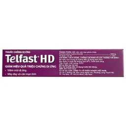 Thuốc chống dị ứng Telfast HD 180mg Sanofi giảm triệu chứng viêm mũi dị ứng, mày đay vô căn mạn tính (3 vỉ x 10 viên)
