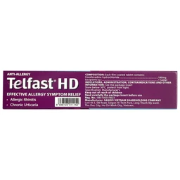 Thuốc chống dị ứng Telfast HD 180mg Sanofi giảm triệu chứng viêm mũi dị ứng, mày đay vô căn mạn tính (3 vỉ x 10 viên)