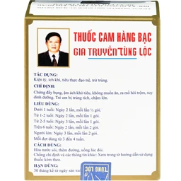 Thuốc Cam hàng bạc Tùng lộc chỉ định chứng đầy bụng, không muốn ăn, ra mồ hôi trộm, suy dinh dưỡng. Trẻ em chậm lớn (10 gói x 8g) 4