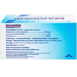 Thuốc Maginew 470mg/5mg Agimexpharm giảm các triệu chứng thiếu hụt magnesi, nôn mửa, khó chịu (10 vỉ x 10 viên)