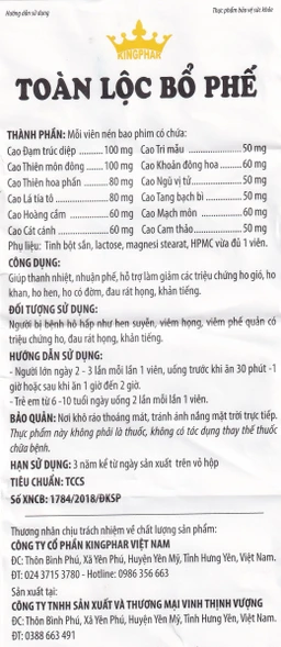 Viên uống giúp thanh nhiệt, nhuận phế, giảm ho Toàn Lộc Bổ Phế Kingphar (60 viên)