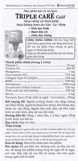 Viên uống giúp tăng tiết dịch khớp, giảm thoái hóa khớp Triple Care Gold Vitamins For Life (60 viên)