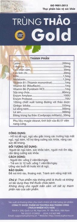 Viên uống hỗ trợ dễ ngủ, ngủ sâu giấc, tăng cường sức khỏe Trùng Thảo Gold (30 viên)