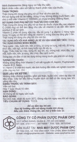 Viên sủi Vitamin C 1000mg OPC điều trị bệnh Scorbut và các chứng chảy máu do thiếu Vitamin C (10 viên)