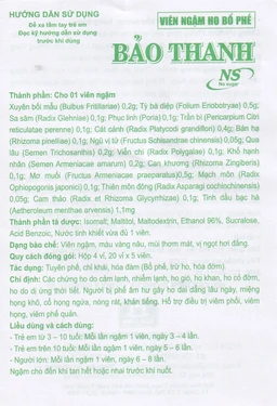 Viên ngậm ho bổ phế Bảo Thanh không đường dùng giảm các chứng ho do cảm lạnh, nhiễm lạnh (20 vỉ x 5 viên)