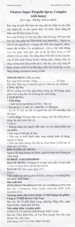 Chai xịt họng hỗ trợ giảm đau rát cổ do viêm họng Vitatree Super Propolis Spray Complex With Honey (30ml)